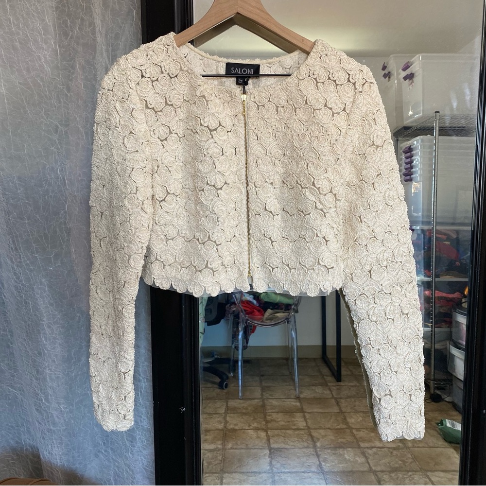 Saloni Women’s 8 Bell Crop Creme Floral Full Zip Blazer Jacket NWT